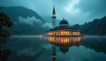 Floating mosque at dawn with mountain and water reflectionの写真素材