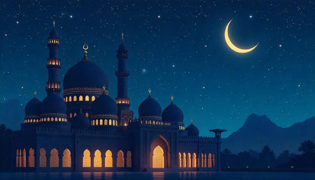 Nighttime Mosque Scene with Crescent Moon and Stars