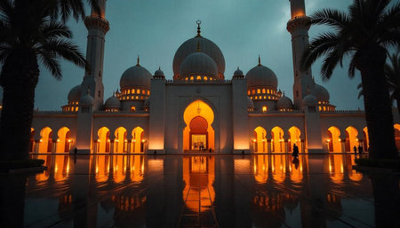 Grand mosque architecture with reflections and palm trees at twilight