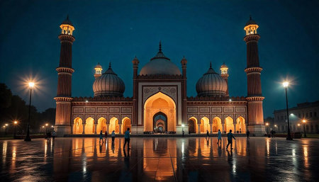 Majestic Mosque Illuminated Against Evening Sky with Reflective Pavement