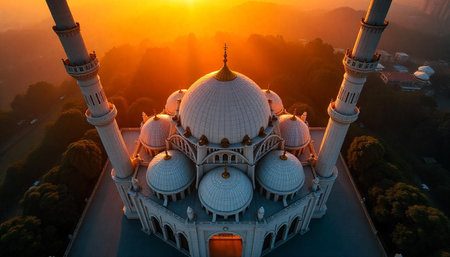 Majestic mosque at dawn, bathed in golden sunlight