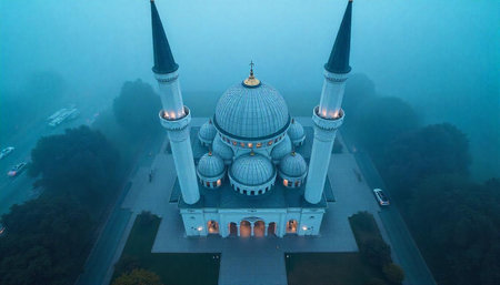 Aerial view of a mosque in misty, muted light