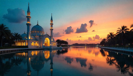 Majestic mosque at dusk reflecting in still water view