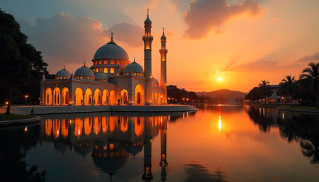 Sri Tanjung Pinang Mosque reflecting in still water sunset