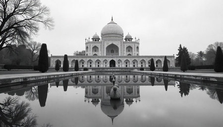 Monochromatic Taj Mahal reflection symmetry against overcast sky