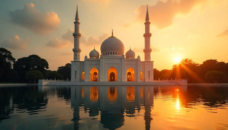 White mosque with reflection on water during golden sunset
