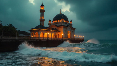 Majestic mosque on seaside with crashing waves and golden lights