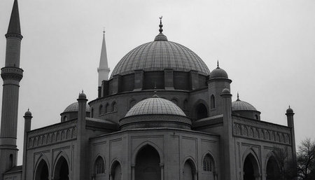 Majestic mosque architecture in black and white, cloudy sky