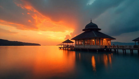 Sunset over tropical pier with building on the water