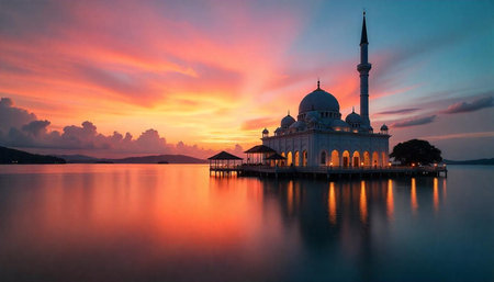 Mosque on water with beautiful sunrise sky reflection