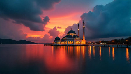 Scenic mosque reflecting in calm water at vibrant sunsetの写真素材