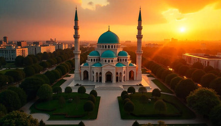 A stunning teal domed mosque at sunrise in cityscape