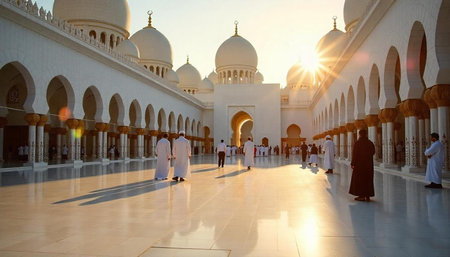 Grand Mosque courtyard with people at sunrise golden hour