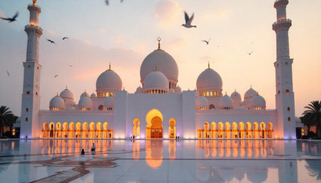 Sheikh Zayed Mosque illuminated at sunset, Abu Dhabi, Emirates