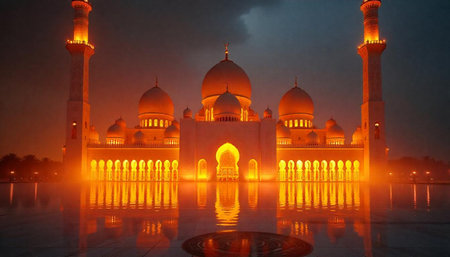 Sheikh Zayed Mosque illuminated in the night, reflective surface