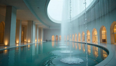 Architectural marvel featuring reflecting pool and fountain water feature