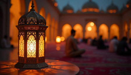 Ramadan lantern glows, blurred mosque background symbolizing spirituality