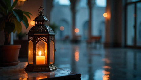 Vintage lantern with glowing candle on a marble surface