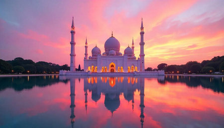 White mosque reflected in water at a colorful sunset