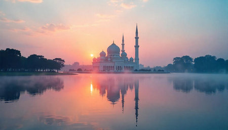 Seri Putra Mosque reflected on lake at sunrise, Malaysiaの写真素材