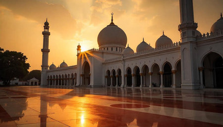 Exterior view of Islamic architecture at sunset reflecting on floor