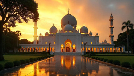 Majestic mosque architecture bathed in golden light at sunset