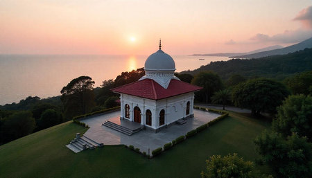 Serene temple at sunset overlooking the sea and mountains