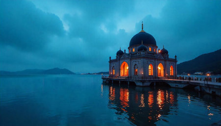 Perak Malaysia landmark mosque on water at dusk