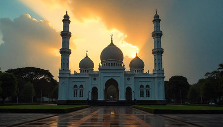 Serene Mosque at Sunset: Peaceful Islamic Architecture Landscape View