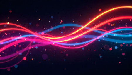 Abstract flowing light trails on dark background with bokeh