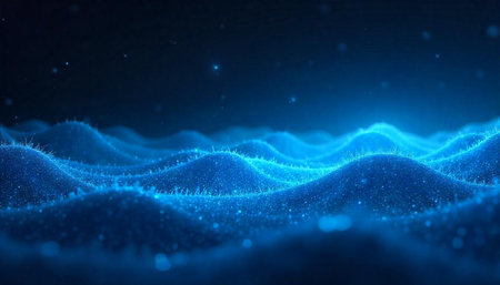Abstract blue landscape with sparkling lights and flowing forms