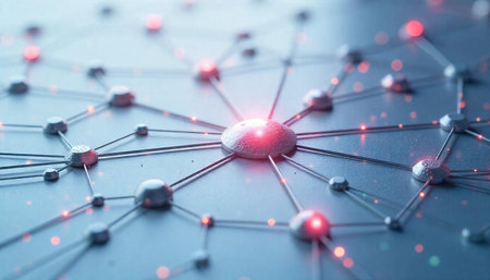 Abstract network connection node structure with red light glow