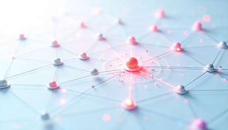 Network connection nodes with glowing central communication hub