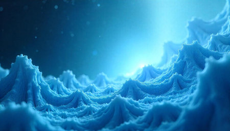 Blue abstract landscape with wavy textures and light glow