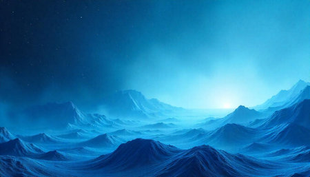 Blue toned misty mountain landscape with sunrise backdrop