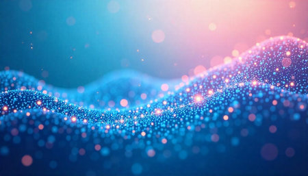 Abstract sparkling blue and pink particle wave background graphic