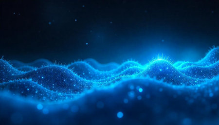 Abstract blue landscape with glowing lights and particles backdropの写真素材