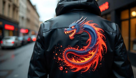 Leather jacket with vibrant dragon design on the back