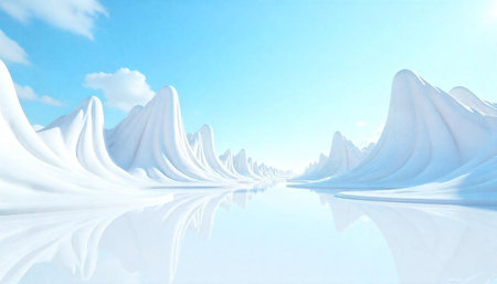 White landscape horizon with reflective lake under a bright skyの写真素材