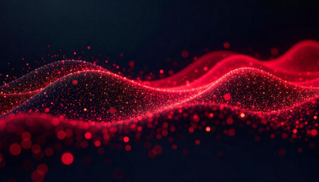 Abstract Red Light Waves with Sparkling Particles on Darkの写真素材