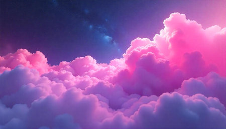 Pink clouds float beneath the starry night sky canvasの写真素材