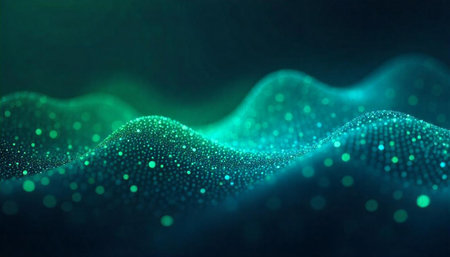 Abstract green wave formed by dots on a dark background