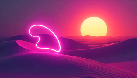 Desert landscape with glowing neon and vibrant sunset illustration