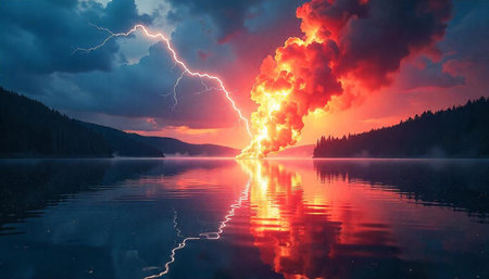 Dramatic lightning strike over lake reflecting in calm waters