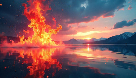 Lake at Sunset with Fire and Mountain Reflections