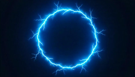 Electric blue circle lightning ring against a dark backdropの写真素材
