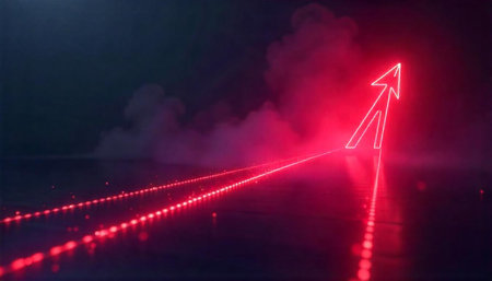 Red neon arrow pointing upwards with light trail effectの写真素材