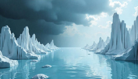 Arctic landscape with ice formations and water reflection