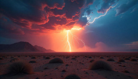 Desert lightning storm striking at sunset over barren landscapeの写真素材