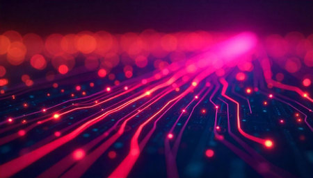 Digital circuit board with glowing red pathways and bokeh